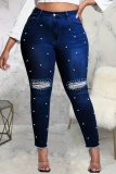 Casual Solid Ripped Beading Plus Size Jeans