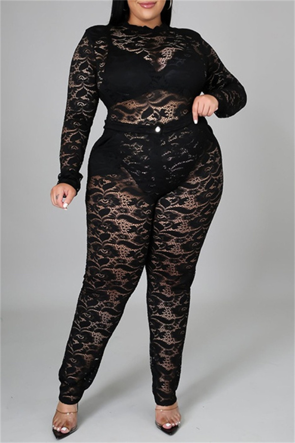 Sexy Solid See-through Half A Turtleneck Plus Size Two Pieces
