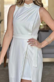 Celebrities Elegant Solid Bandage Slit Fold Turtleneck Wrapped Skirt Dresses