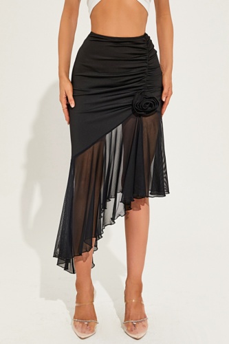 Casual Solid Patchwork Fold Asymmetrical Skinny High Waist Conventional Solid Color Skirt
