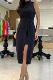 Celebrities Elegant Solid Bandage Slit Fold Turtleneck Wrapped Skirt Dresses