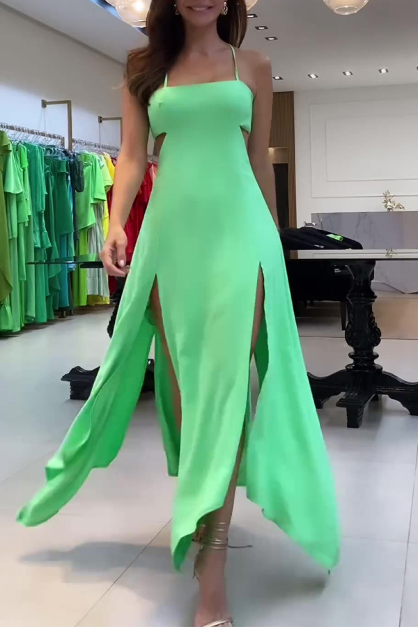 Sexy Vacation Solid Backless Slit Strap Design Dresses