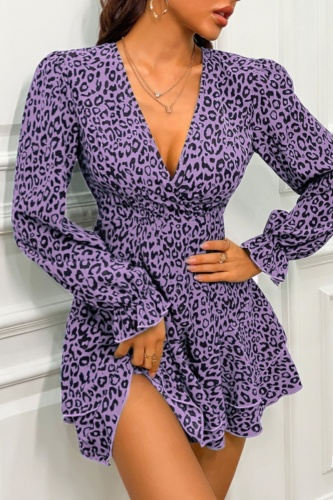 Casual Print Leopard Patchwork Backless V Neck Long Sleeve Dresses