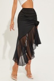 Casual Solid Patchwork Fold Asymmetrical Skinny High Waist Conventional Solid Color Skirt