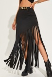 Casual Solid Tassel Patchwork Skinny High Waist Conventional Solid Color Skirt