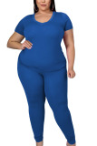 Blue Fashion Casual adult Ma'am O Neck Solid Two Piece Suits Plus Size