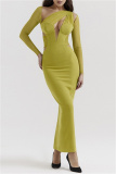 Sexy Solid Hollowed Out Slit Oblique Collar Long Dresses