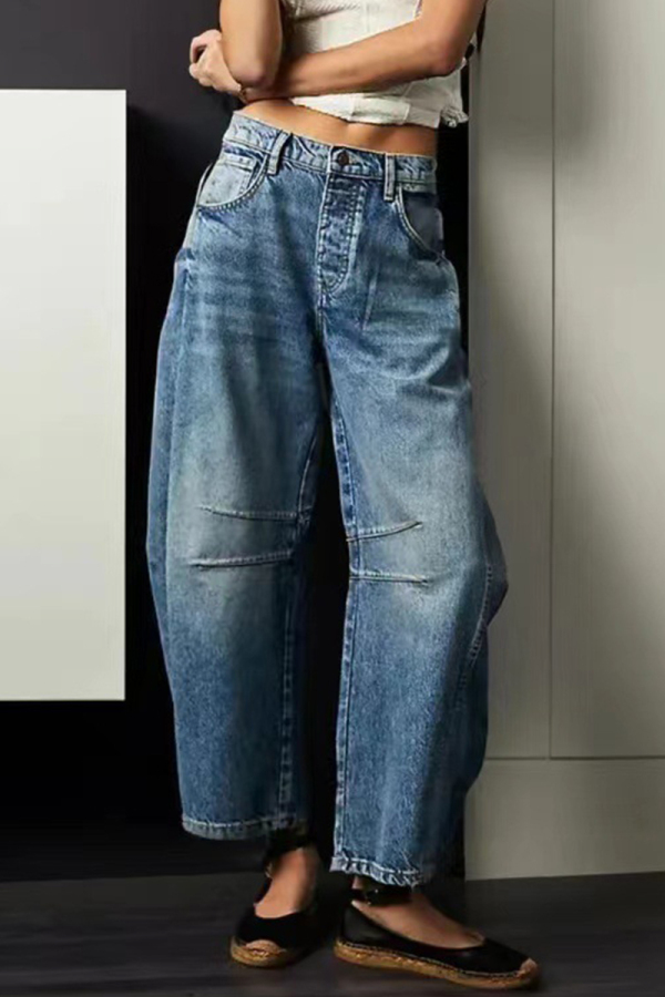 Casual Solid Make Old Pocket High Waist Loose Denim Jeans
