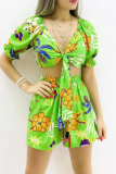 Floral Print V Neck Knotted Crop Top and Shorts Casual Vacation Two Piece Shorts Set