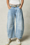 Casual Solid Make Old Pocket High Waist Loose Denim Jeans