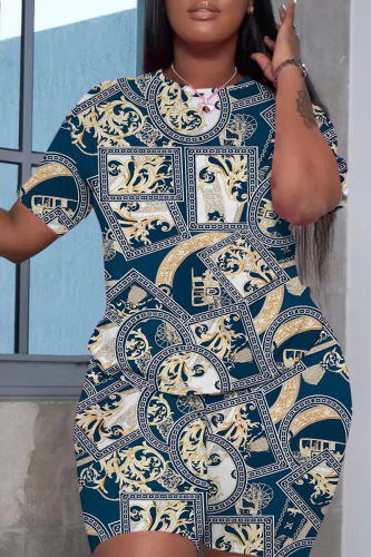 Casual Print Basic O Neck Short Sleeve Two Pieces