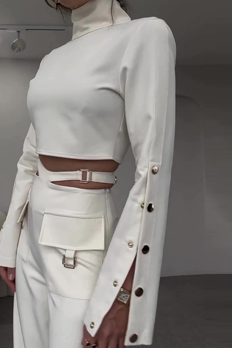 Sexy Solid Color Hollow Out Metal Accessories Trim Turtleneck Long Dresses