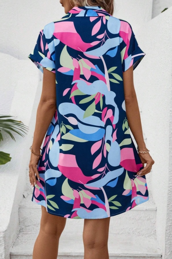 Street Daily Floral Print Buttons Turndown Collar A Line Short Sleeve Dress