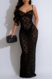 Sexy Solid See-through Backless Spaghetti Strap Long Dresses