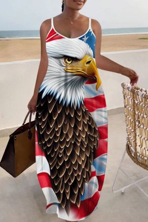 Sexy Casual American Flag Stars Print Colorblock Loose Cami Maxi Dresses
