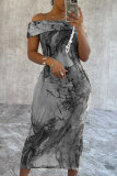 Tie Dye Pattern Off Shoulder Vacation Bodycon Maxi Dress