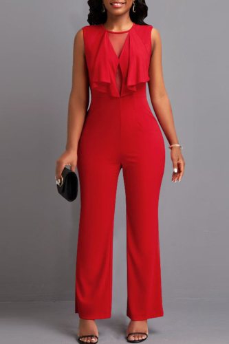 Sexy Solid Patchwork Flounce O Neck Regular Jumpsuits
