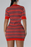 Casual Striped Print Patchwork V Neck Short Sleeve Dress