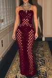 Sexy Solid Hollowed Out Patchwork Spaghetti Strap Long Dresses