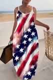 Sexy Casual American Flag Stars Print Colorblock Loose Cami Maxi Dresses