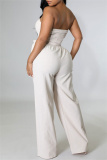 White Fashion Casual Solid Backless Strapless Regular Jumpsuits