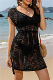 Sexy Casual Solid Hollowed Out See-through V Neck Beach Short Sleeve Dress