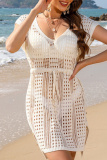 Sexy Casual Solid Hollowed Out See-through V Neck Beach Short Sleeve Dress