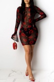Sexy Lips Printed See-through O Neck Long Sleeve Dresses