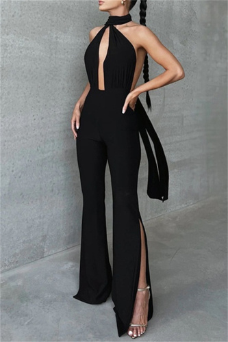 Sexy Solid Backless Slit Halter Skinny Jumpsuits