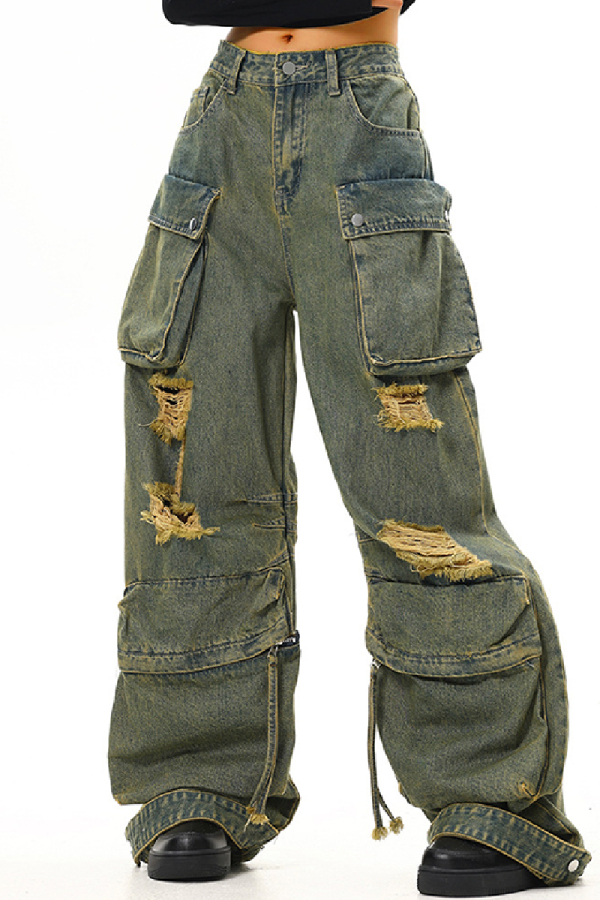 Casual Solid Ripped Patchwork Mid Waist Straight Denim Jeans