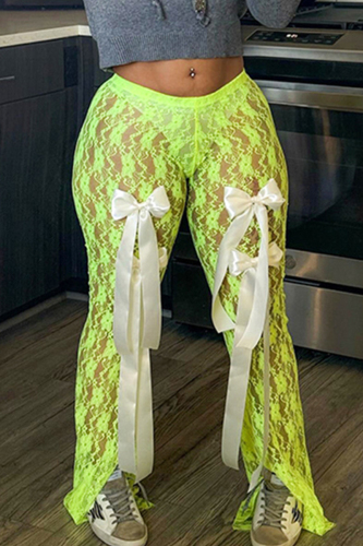 Street Solid Lace Patchwork See-through Slit With Bow Boot Cut Low Waist Speaker Patchwork Bottoms