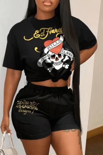 Casual Print Basic O Neck Short Sleeve Two Pieces