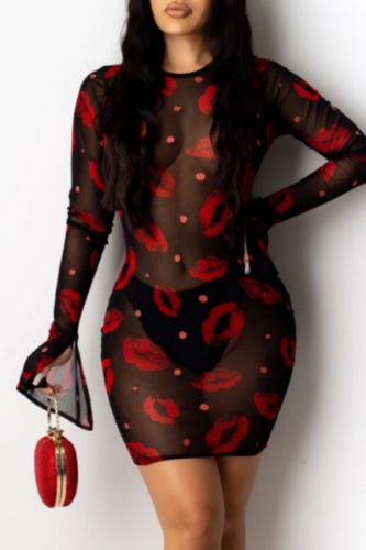 Sexy Lips Printed See-through O Neck Long Sleeve Dresses