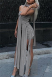 Casual Solid Patchwork Backless Asymmetrical Strapless Wrapped Skirt Dresses