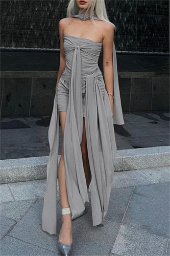 Casual Solid Patchwork Backless Asymmetrical Strapless Wrapped Skirt Dresses