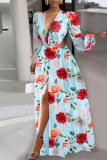 Casual Print Hollowed Out Slit V Neck Long Sleeve Dresses