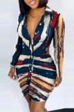 Casual Print Buttons Backless Turndown Collar Long Sleeve Dresses