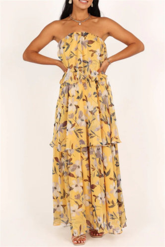 Casual Print Patchwork Backless Strapless Long Dresses