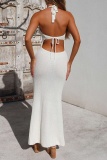 Sexy Solid Hollowed Out Frenulum Backless Halter Long Dresses