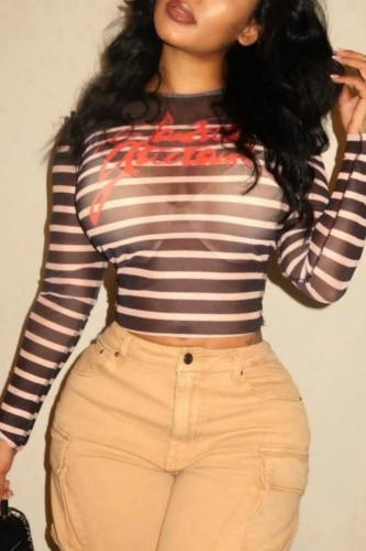 Casual Letter Striped Print See-through O Neck Tops