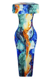 Tie Dye Pattern Off Shoulder Vacation Bodycon Maxi Dress