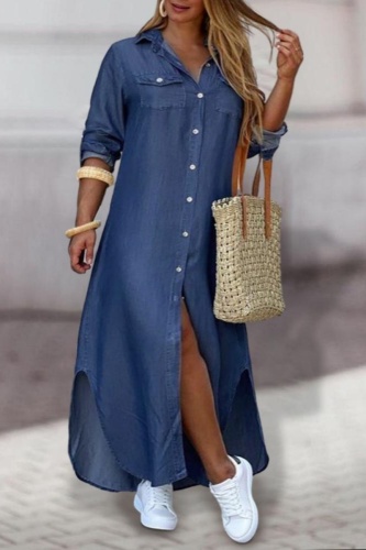 Casual Solid Buckle Slit Shirt Collar Long Plus Size Dresses