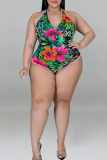 Casual Print Bandage Patchwork High Opening Halter Plus Size Two Pieces