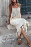 Sexy Solid Tassel Hollowed Out U Neck Sleeveless Two Pieces