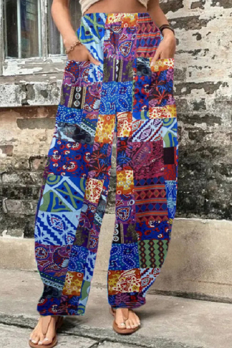 Casual Print Patchwork Pocket Regular High Waist Conventional Full Print Trousers Casual Print Patchwork Pocket Regular High Waist Conventional Full Print Trousers