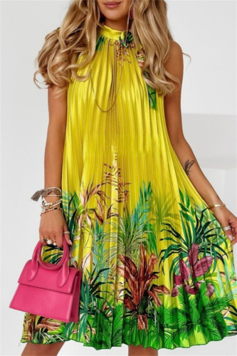 Casual Print Frenulum Pleated Half A Turtleneck Sleeveless Dresses