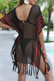 Casual Patchwork Tassel Hollowed Out See-through Contrast Swimwears Cover Up