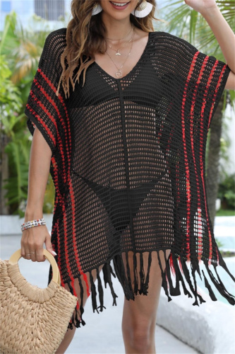 Casual Patchwork Tassel Hollowed Out See-through Contrast Swimwears Cover Up