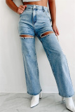 Casual Solid Hollowed Out Patchwork High Waist Regular Denim Jeans