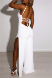 Sexy Casual Solid Frenulum Backless Slit Spaghetti Strap Skinny Jumpsuits